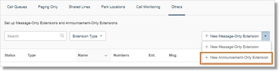Click the drop-down below Others, then select New Announcement-Only Extension.