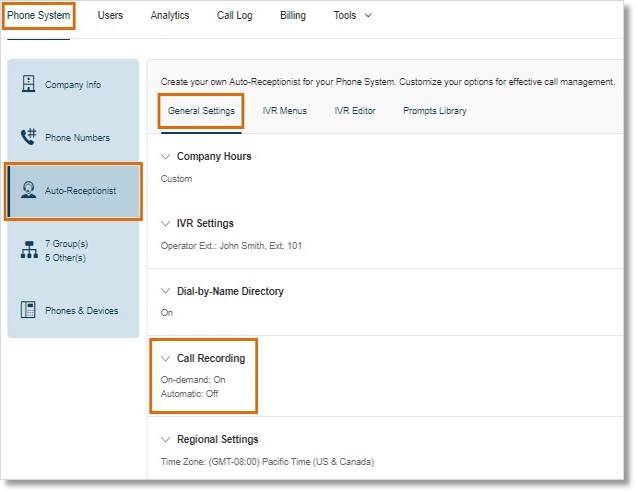 Go to Phone System > Auto-Receptionist > General Settings > Call Recording.
