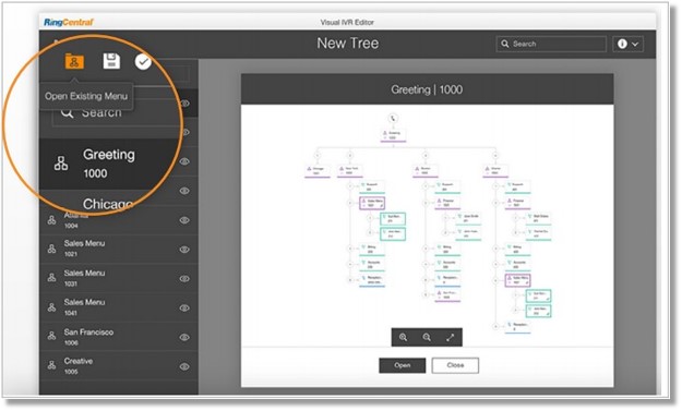 Use the Visual IVR Editor to open an existing menu or create a new one. Click on IVR menu names, extensions numbers and keys for easy customization.