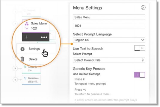 Configure an IVR menu with a pre-recorded prompt, a text-to-speech greeting, or a special touch-tone key setting.
