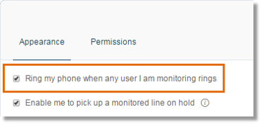 If a monitored user's phone is ringing, ticking this box will also ring your phone.