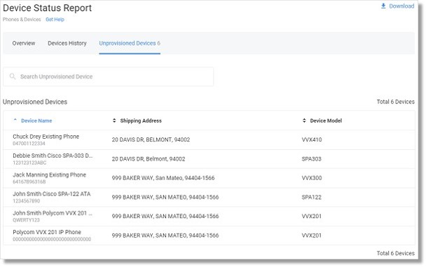 The Unprovisioned Devices page can be downloaded in a .csv format. It collects the information for not currently provisioned devices.