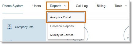 The Analytics Portal can be accessed by Account Administrators on the AT&T Office@Hand Online account by going to Admin Portal > Reports > Analytics Portal.