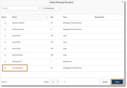 Select the extension where you want to save the messages. Click Done.