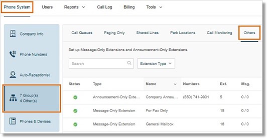 Go to Phone System > Groups > Others.