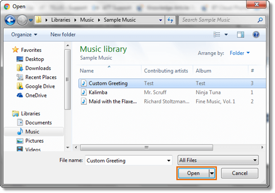 A pop-up window appears where you can locate and select the audio file to upload. 