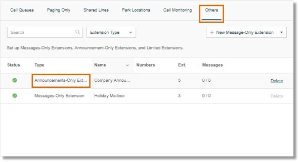 Select the Announcement-Only Extension that you want to modify.
