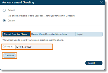 Select Record Over the Phone, then select the telephone number to call or enter a new one in the box provided. Click Call Now.