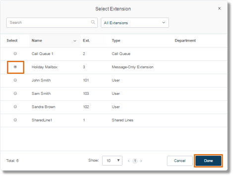 Select the extension where you want your calls to be routed, then click Done.