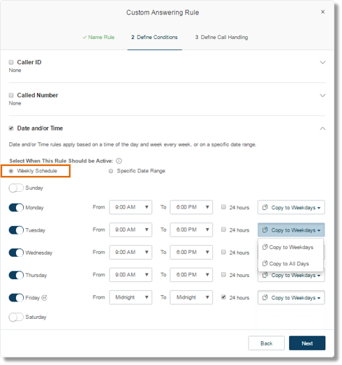 Click Weekly Schedule, then select the days and time when the rule should be applied every week. Click Next.
