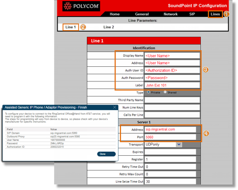 Click the Lines tab, and then go to Line 1. Using the SIP Information, fill out the required fields.