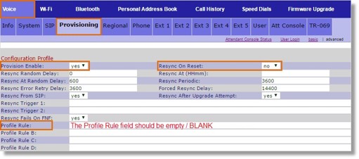 Go to Voice, and the click Provisioning. Set the following under Configuration Profile: 