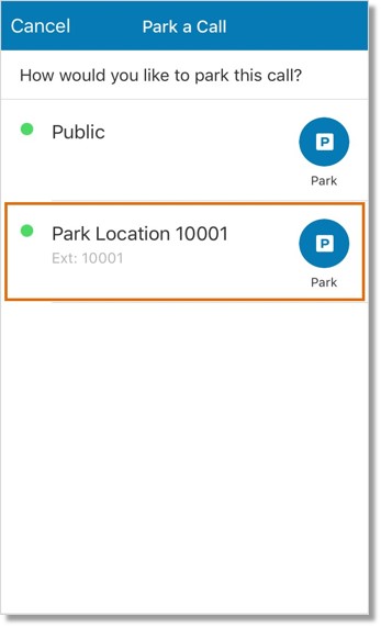 Tap the location where you want to retrieve your parked call later on.