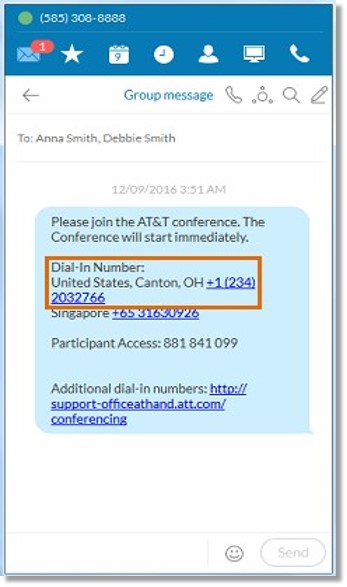 Click the Dial-In Number. Depending on the settings of your AT&T Office@Hand Desktop App, it will either call the Dial-In Number, or prompt for a RingOut. For more information, go to Placing Outgoing Calls | AT&T Office@Hand Desktop App.