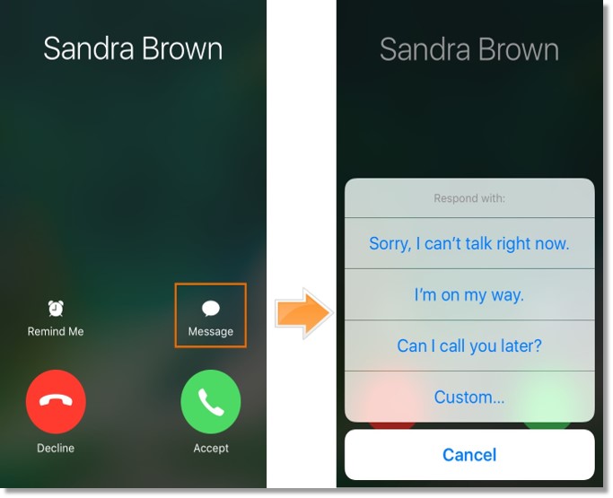 The user can choose to decline the call and send any of the pre-set text messages or send a customized message to the caller.