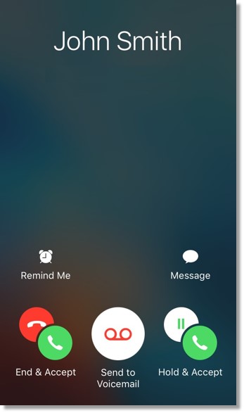 A screen similar to the image below appears when there is an ongoing call with an Office@Hand contact and a call from a non-Office@Hand contact comes in.