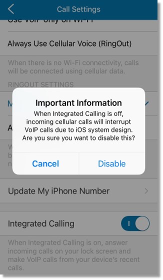 A user gets a notification on the screen when Integrated Calling is disabled. A warning also appears only once when the call gets interrupted.