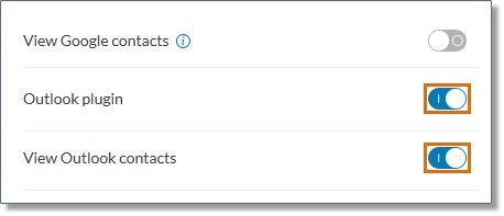 For the Outlook plugin and View Outlook contacts, toggle the switch to ON. 