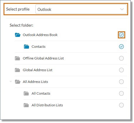 For Select profile, select Outlook and click on the folder of the contact list that you want to be synchronized. 