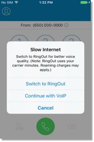 If the Mobile App detects that the network or internet will affect the VoIP call quality, users will get a popup that will provide the option to Switch to RingOut, or Continue with VoIP.