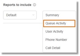 Choose from up to 5 reports you can include in your subscription: Summary, Queue Activity, User Activity, Phone Number, and Call Detail.