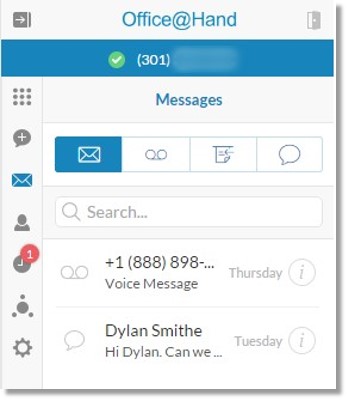 You can view all your Voice, Fax, and Text messages in the Messages screen. It displays all the messages you have received for the past week. Messages are organized in tabs, such as All, Voice, Fax, and Text.