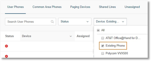 Click the Device drop-down and choose Existing Phone.