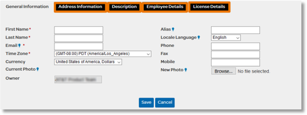 Click on the additional tabs to enter address information, a description for the user, employee details or license details.