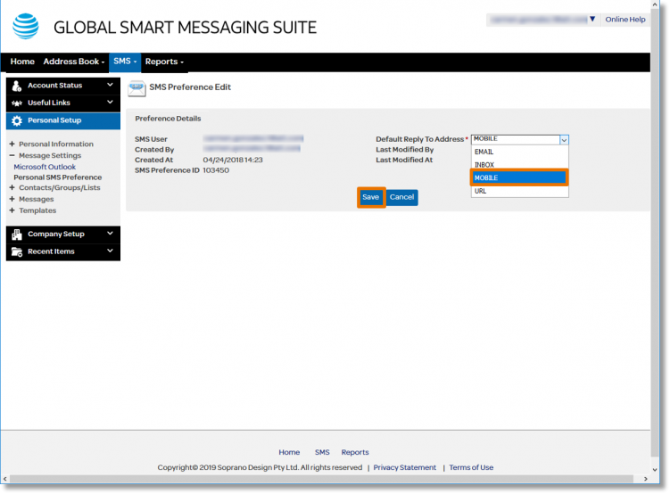 Select the drop-down arrow to the right of "Default Reply to Address". Select the desired messaging preference and click Save.