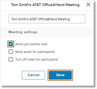 Change the meeting name if needed. Check Allow join before host, then click Save.