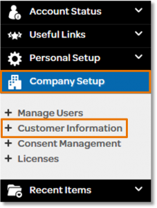 From the menu bar on the left, click Company Setup and then click Customer Information.