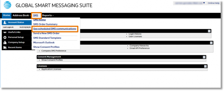 From the toolbar at the top of the page, click SMS and then click See scheduled SMS communications.