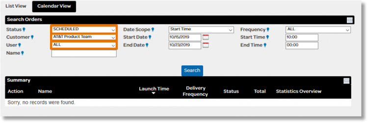 Click the drop-down fields to the right of "Status", "Customer", and "User" and choose the desired options.