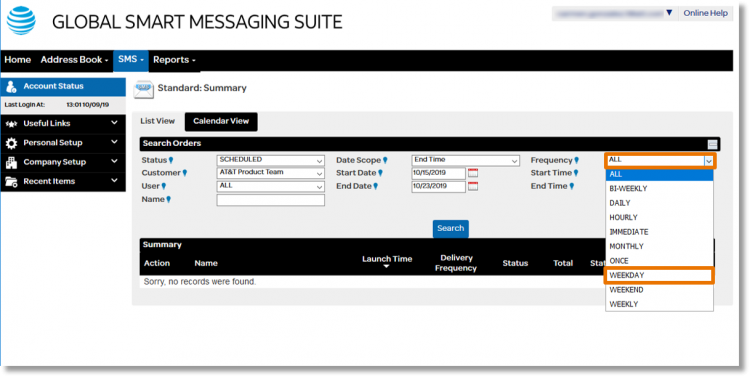 Click the drop-down field to the right of "Frequency" to choose the desired frequency of the SMS communication.