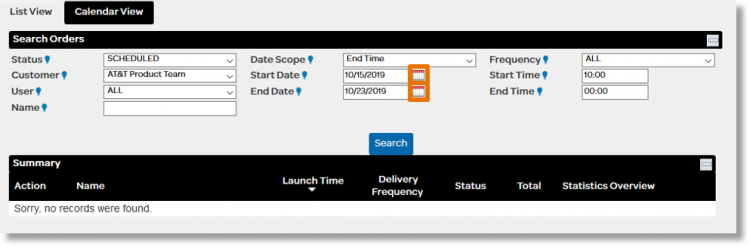 Click the calendar icon  to the right of the "Start Date" and "End Date" fields.