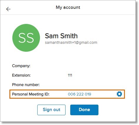 To see your Personal Meeting ID, click Settings or the Gear button on the upper-right corner of the screen, click Settings > My account.