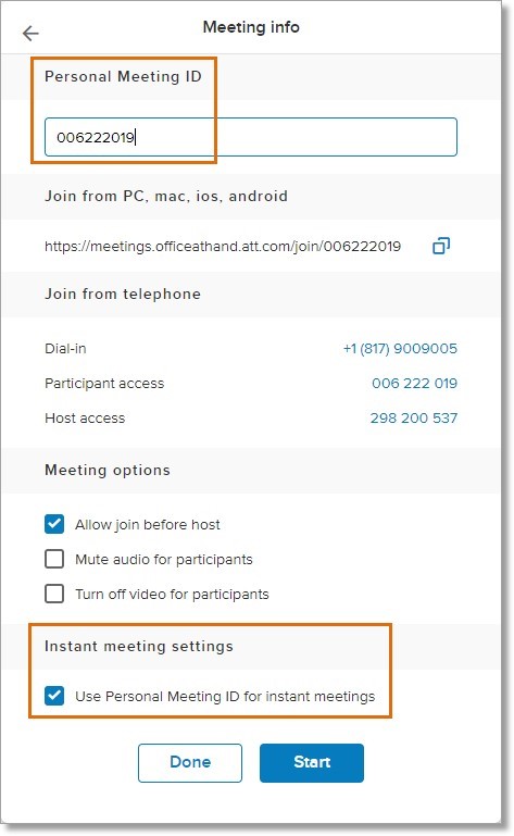 You can also tick the checkbox beside User Personal Meeting ID for instant meetings under Instant meetings settings to use your PMID every time you start a meeting.