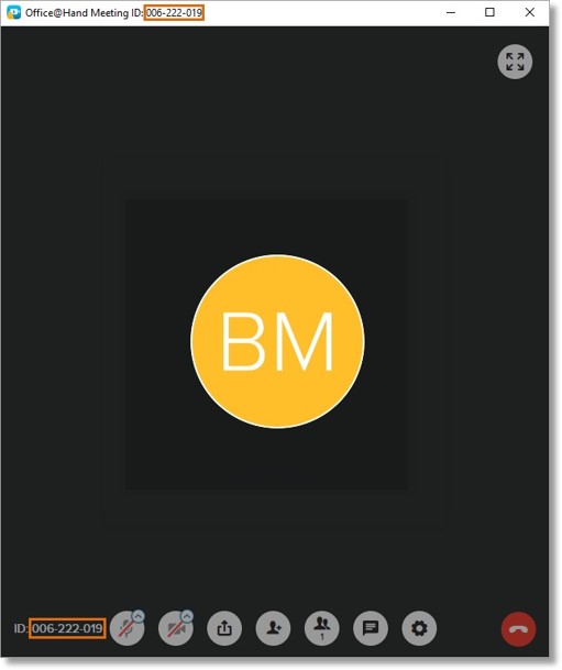 The Meeting ID is located at the bottom-left corner and at the upper-left corner of the screen.