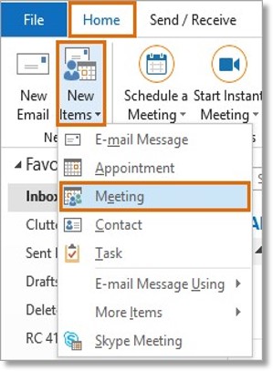 To schedule a new meeting, click Home > New Items > Meeting.