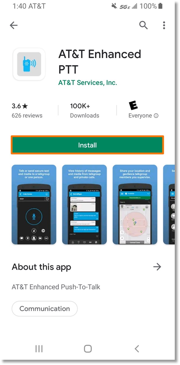Initial setup of AT&T Enhanced Push-to-Talk for Android application