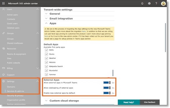 Administrator should enable the External Apps in the Microsoft Office 365 admin center.