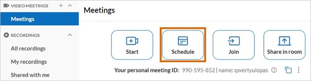 On the Meetings page, click the Schedule button at the top to open the Schedule a meeting window.