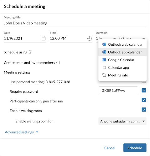 Configure the remaining settings under the Meeting settings and Advanced settings drop-down.