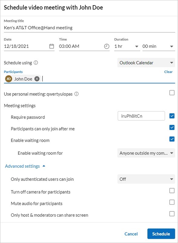 Select your desired settings under Meeting settings and Advanced settings drop-down.