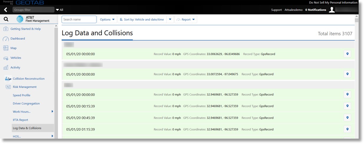 Image of the log and collision data.