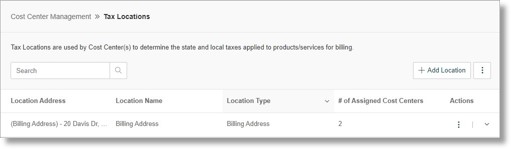 Displays the tax locations which are used by Cost Center(s) to determine the state and local taxes applied to products/services for billing.