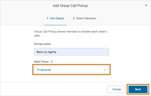 Select the desired delay time before group members are notified of ringing calls from the Alert Timer drop-down menu, then click Next.