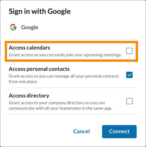 The boxes to access calendars and contacts are already checked. Uncheck the box for Access calendars if you don’t want your Google calendar to sync with the AT&T Office@Hand app.