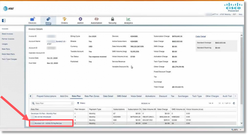 From the Invoice Details screen in Control Center, select the specific rate plan you want to view.