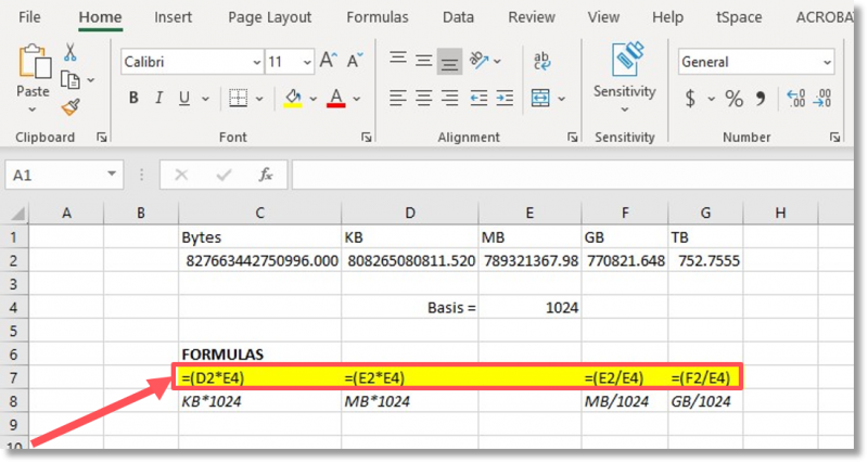 Row 7 shows the formulas used on the spreadsheet to convert the measurements.